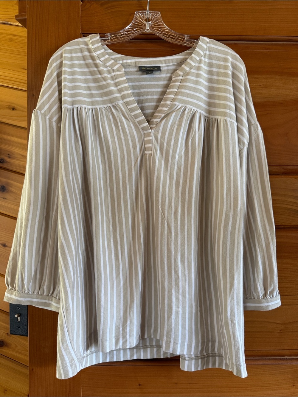 Style & Co. Beige and White Striped V-Neck Tunic